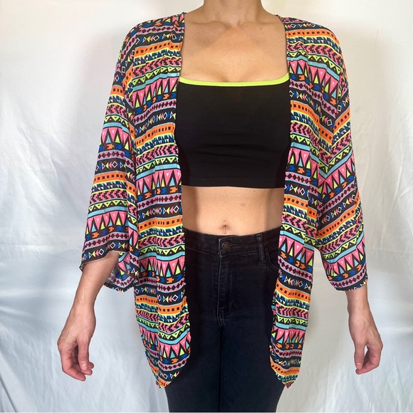 Neon Aztec Lightweight Chiffon Kimono Cardigan with Black and Lime Crop Top - Picture 1 of 7